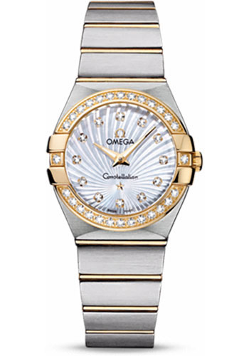 Omega Ladies Constellation Quartz Watch - 27 mm Brushed Steel And Yellow Gold Case - Diamond Bezel - Mother-Of-Pearl Diamond Dial