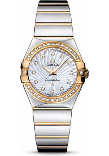 Omega Ladies Constellation Polished Quartz Watch - 27 mm Polished Steel And Yellow Gold Case - Diamond Bezel - Mother-Of-Pearl Diamond Dial - Steel And Yellow Gold Bracelet