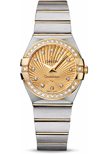 Omega Ladies Constellation Quartz Watch - 27 mm Brushed Steel And Yellow Gold Case - Diamond Bezel - Champagne Diamond Dial