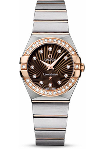 Omega Ladies Constellation Quartz Watch - 27 mm Brushed Steel And Red Gold Case - Diamond Bezel - Brown Diamond Dial