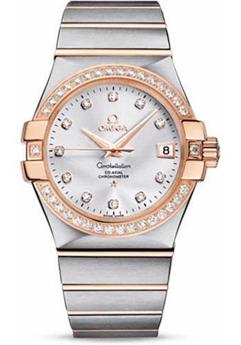 Omega Gents Constellation Chronometer Watch - 35 mm Brushed Steel And Red Gold Case - Diamond Bezel - Silver Diamond Dial