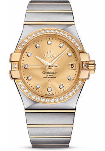 Omega Gents Constellation Chronometer Watch - 35 mm Brushed Steel And Yellow Gold Case - Diamond Bezel - Champagne Diamond Dial
