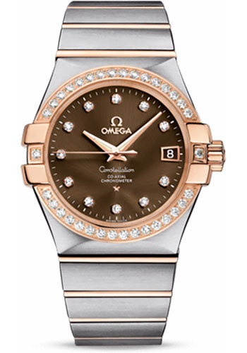 Omega Gents Constellation Chronometer Watch - 35 mm Brushed Steel And Red Gold Case - Diamond Bezel - Brown Diamond Dial