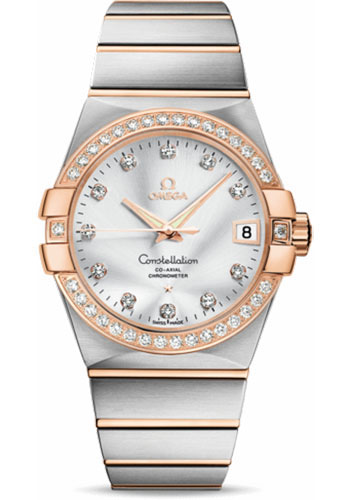 Omega Gents Constellation Chronometer Watch - 38 mm Brushed Steel And Red Gold Case - Diamond Bezel - Silver Diamond Dial