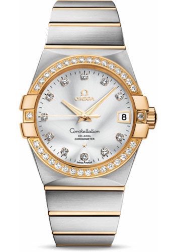 Omega Gents Constellation Chronometer Watch - 38 mm Brushed Steel And Yellow Gold Case - Diamond Bezel - Silver Diamond Dial