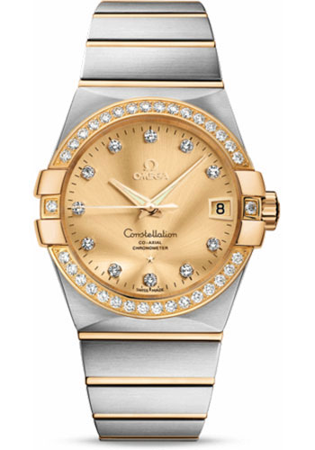 Omega Gents Constellation Chronometer Watch - 38 mm Brushed Steel And Yellow Gold Case - Diamond Bezel - Champagne Diamond Dial