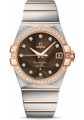Omega Gents Constellation Chronometer Watch - 38 mm Brushed Steel And Red Gold Case - Diamond Bezel - Brown Diamond Dial