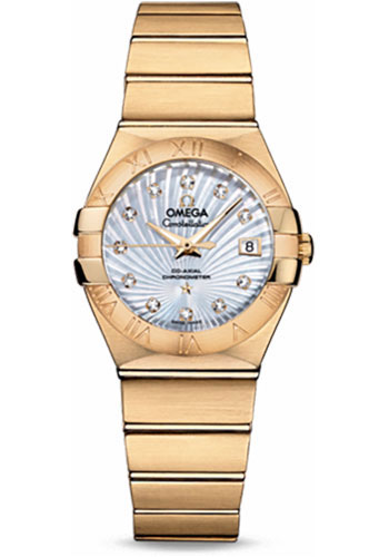 Omega Ladies Constellation Chronometer Watch - 27 mm Brushed Yellow Gold Case - Mother-Of-Pearl Supernova Diamond Dial