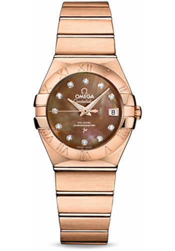 Omega Ladies Constellation Chronometer Watch - 27 mm Brushed Red Gold Case - Mother-Of-Pearl Diamond Dial
