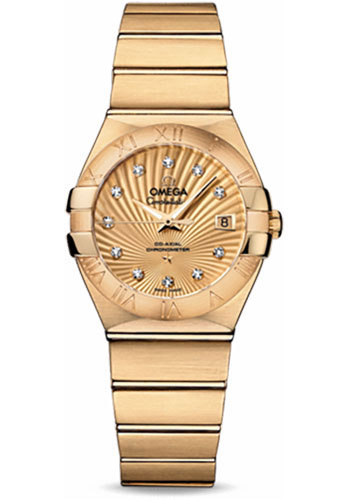 Omega Ladies Constellation Chronometer Watch - 27 mm Brushed Yellow Gold Case - Champagne Supernova Diamond Dial