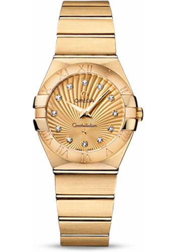Omega Ladies Constellation Quartz Watch - 27 mm Brushed Yellow Gold Case - Champagne Diamond Dial