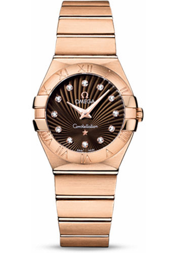Omega Ladies Constellation Quartz Watch - 27 mm Brushed Red Gold Case - Brown Diamond Dial