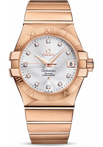 Omega Gents Constellation Chronometer Watch - 35 mm Brushed Red Gold Case - Silver Diamond Dial