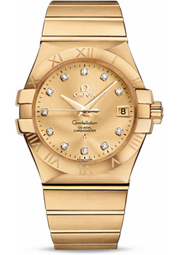 Omega Gents Constellation Chronometer Watch - 35 mm Brushed Yellow Gold Case - Champagne Diamond Dial