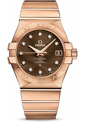 Omega Gents Constellation Chronometer Watch - 35 mm Brushed Red Gold Case - Brown Diamond Dial