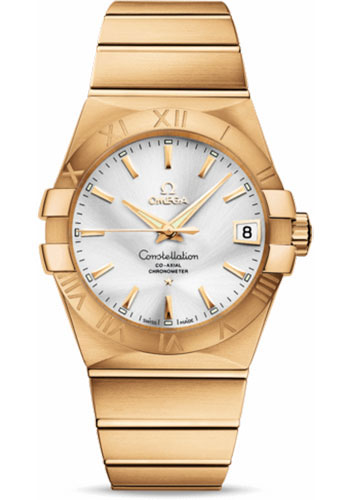 Omega Gents Constellation Chronometer Watch - 38 mm Brushed Yellow Gold Case - Silver Dial