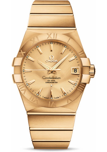Omega Gents Constellation Chronometer Watch - 38 mm Brushed Yellow Gold Case - Champagne Dial