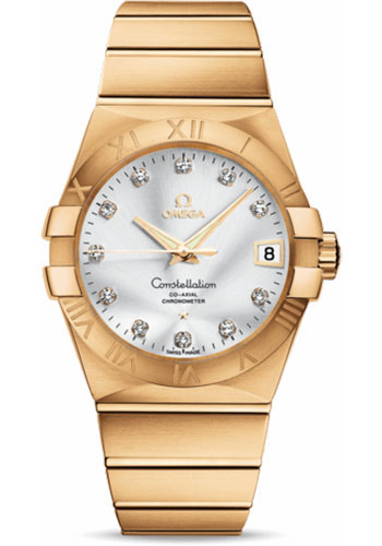 Omega Gents Constellation Chronometer Watch - 38 mm Brushed Yellow Gold Case - Silver Diamond Dial