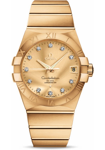Omega Gents Constellation Chronometer Watch - 38 mm Brushed Yellow Gold Case - Champagne Diamond Dial