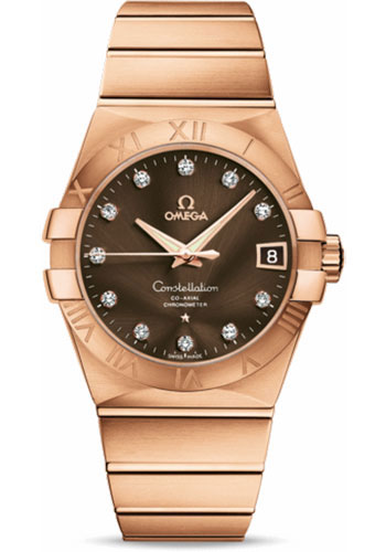 Omega Gents Constellation Chronometer Watch - 38 mm Brushed Red Gold Case - Brown Diamond Dial