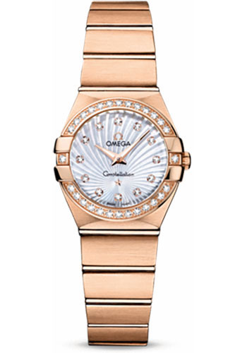 Omega Ladies Constellation Quartz Watch - 24 mm Brushed Red Gold Case - Diamond Bezel - Mother-Of-Pearl Diamond Dial