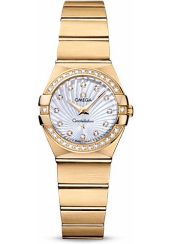 Omega Ladies Constellation Quartz Watch - 24 mm Brushed Yellow Gold Case - Diamond Bezel - Mother-Of-Pearl Diamond Dial