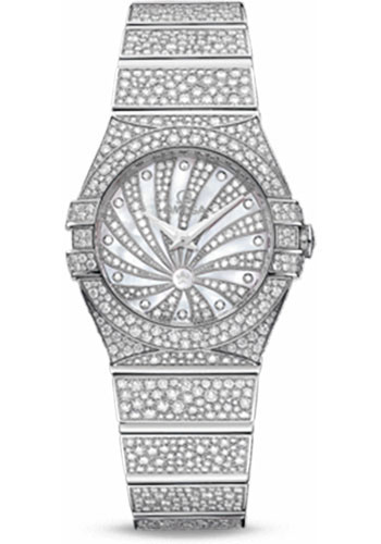 Omega Ladies Constellation Luxury Edition Watch - 24 mm White Gold Case - Snow-Set Diamond Bezel - Mother-Of-Pearl Diamond Dial