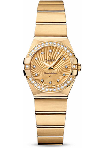 Omega Ladies Constellation Quartz Watch - 24 mm Brushed Yellow Gold Case - Diamond Bezel - Champagne Diamond Dial