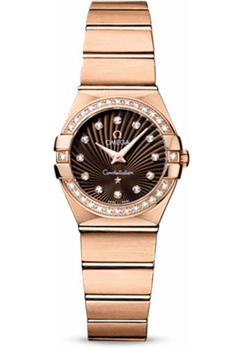 Omega Ladies Constellation Quartz Watch - 24 mm Brushed Red Gold Case - Diamond Bezel - Brown Diamond Dial