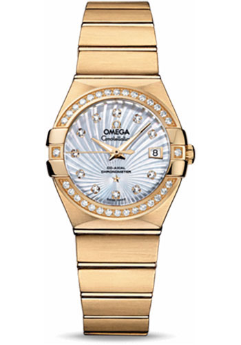 Omega Ladies Constellation Chronometer Watch - 27 mm Brushed Yellow Gold Case - Diamond Bezel - Mother-Of-Pearl Supernova Diamond Dial