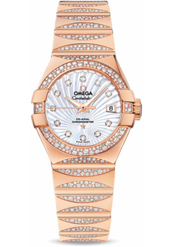 Omega Ladies Constellation Luxury Edition Watch - 27 mm Red Gold Case - Snow-Set Diamond Bezel - Mother-Of-Pearl Supernova Diamond Dial