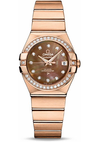 Omega Ladies Constellation Chronometer Watch - 27 mm Brushed Red Gold Case - Diamond Bezel - Dark Mother-Of-Pearl Diamond Dial
