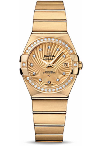Omega Ladies Constellation Chronometer Watch - 27 mm Brushed Yellow Gold Case - Diamond Bezel - Champagne Supernova Diamond Dial
