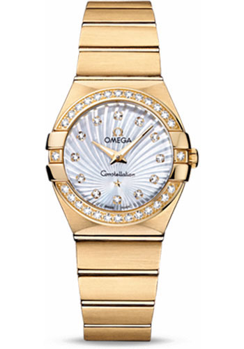 Omega Ladies Constellation Quartz Watch - 27 mm Brushed Yellow Gold Case - Diamond Bezel - Mother-Of-Pearl Diamond Dial