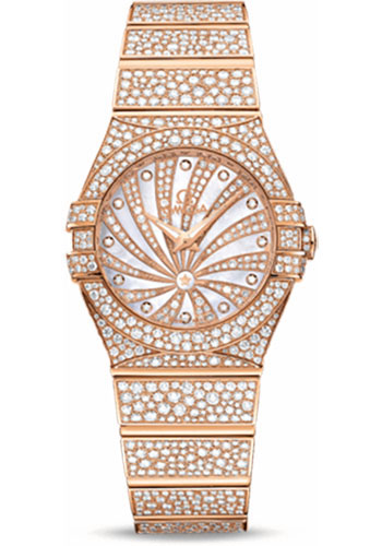 Omega Ladies Constellation Luxury Edition Watch - 27 mm Red Gold Case - Snow-Set Diamond Bezel - Mother-Of-Pearl Diamond Dial