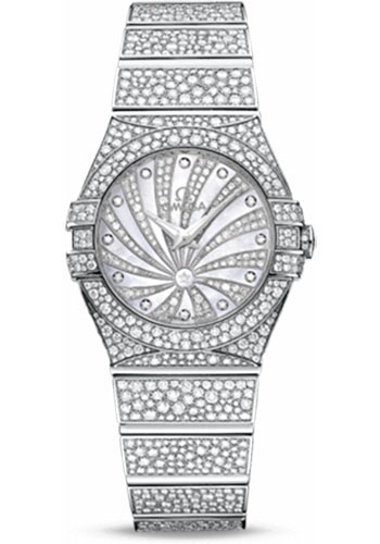 Omega Ladies Constellation Luxury Edition Watch - 27 mm White Gold Case - Snow-Set Diamond Bezel - Mother-Of-Pearl Diamond Dial