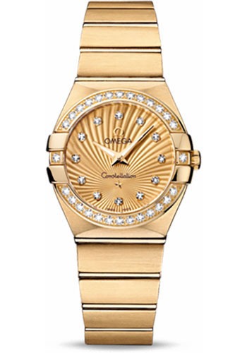 Omega Ladies Constellation Quartz Watch - 27 mm Brushed Yellow Gold Case - Diamond Bezel - Champagne Diamond Dial