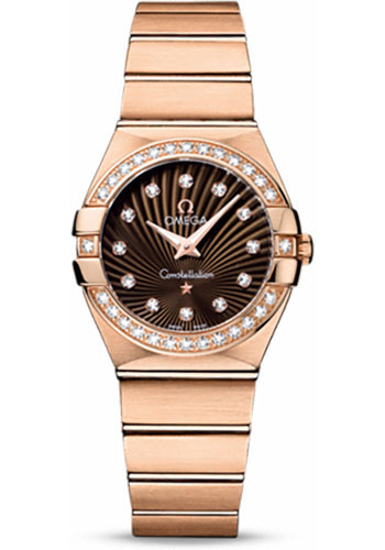 Omega Ladies Constellation Quartz Watch - 27 mm Brushed Red Gold Case - Diamond Bezel - Brown Diamond Dial