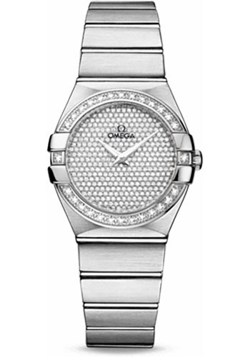 Omega Ladies Constellation Quartz Watch - 27 mm Brushed White Gold Case - Diamond Bezel - Diamond Paved Dial