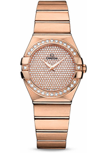 Omega Ladies Constellation Quartz Watch - 27 mm Brushed Red Gold Case - Diamond Bezel - Diamond Paved Dial
