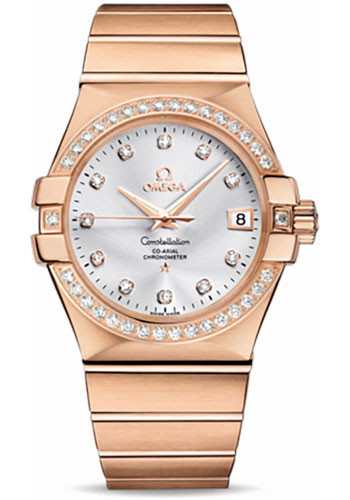 Omega Gents Constellation Chronometer Watch - 35 mm Brushed Red Gold Case - Diamond Bezel - Silver Diamond Dial