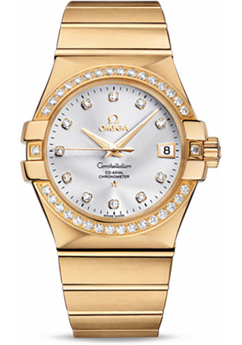 Omega Gents Constellation Chronometer Watch - 35 mm Brushed Yellow Gold Case - Diamond Bezel - Silver Diamond Dial