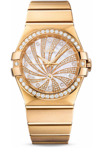 Omega Ladies Constellation Luxury Edition Watch - 35 mm Brushed Yellow Gold Case - Diamond Bezel - Mother-Of-Pearl Diamond Dial