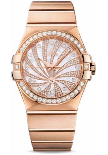 Omega Ladies Constellation Luxury Edition Watch - 35 mm Brushed Red Gold Case - Diamond Bezel - Mother-Of-Pearl Diamond Dial