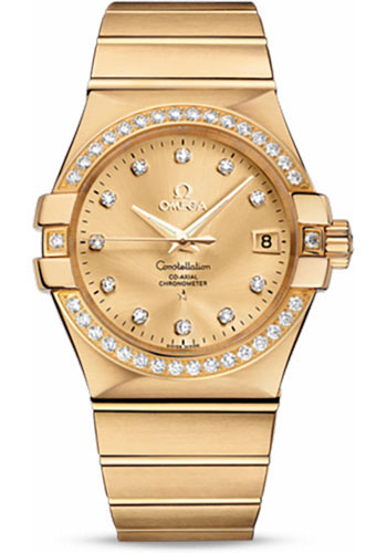Omega Gents Constellation Chronometer Watch - 35 mm Brushed Yellow Gold Case - Diamond Bezel - Champagne Diamond Dial