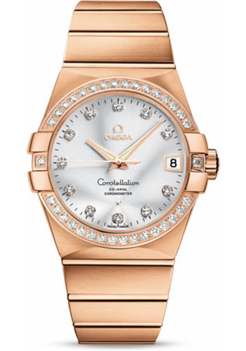Omega Gents Constellation Chronometer Watch - 38 mm Brushed Red Gold Case - Diamond Bezel - Silver Diamond Dial