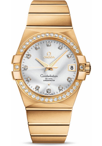 Omega Gents Constellation Chronometer Watch - 38 mm Brushed Yellow Gold Case - Diamond Bezel - Silver Diamond Dial