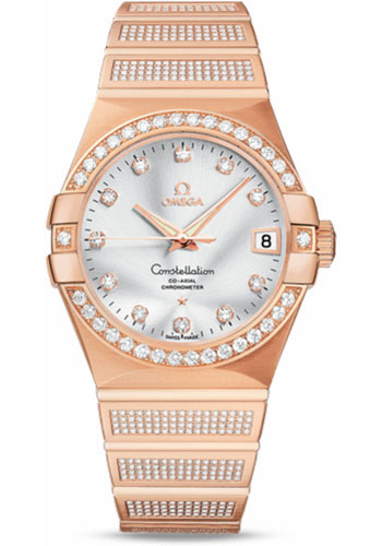 Omega Constellation Jewellery Luxury Edition Chronometer Watch - 38 mm Brushed Red Gold Case - Diamond Bezel - Silver Diamond Dial