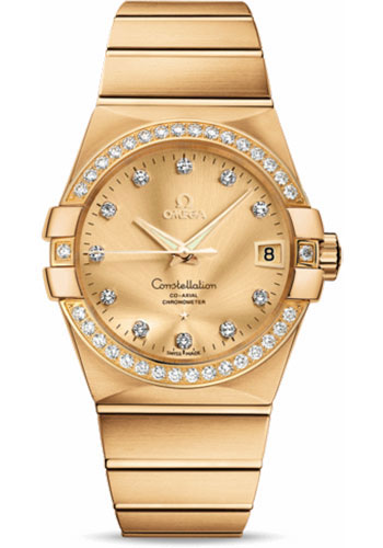Omega Gents Constellation Chronometer Watch - 38 mm Brushed Yellow Gold Case - Diamond Bezel - Champagne Diamond Dial