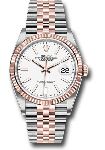 Rolex Steel and Everose Rolesor Datejust 36 Watch - Fluted Bezel - White Index Dial - Jubilee Bracelet